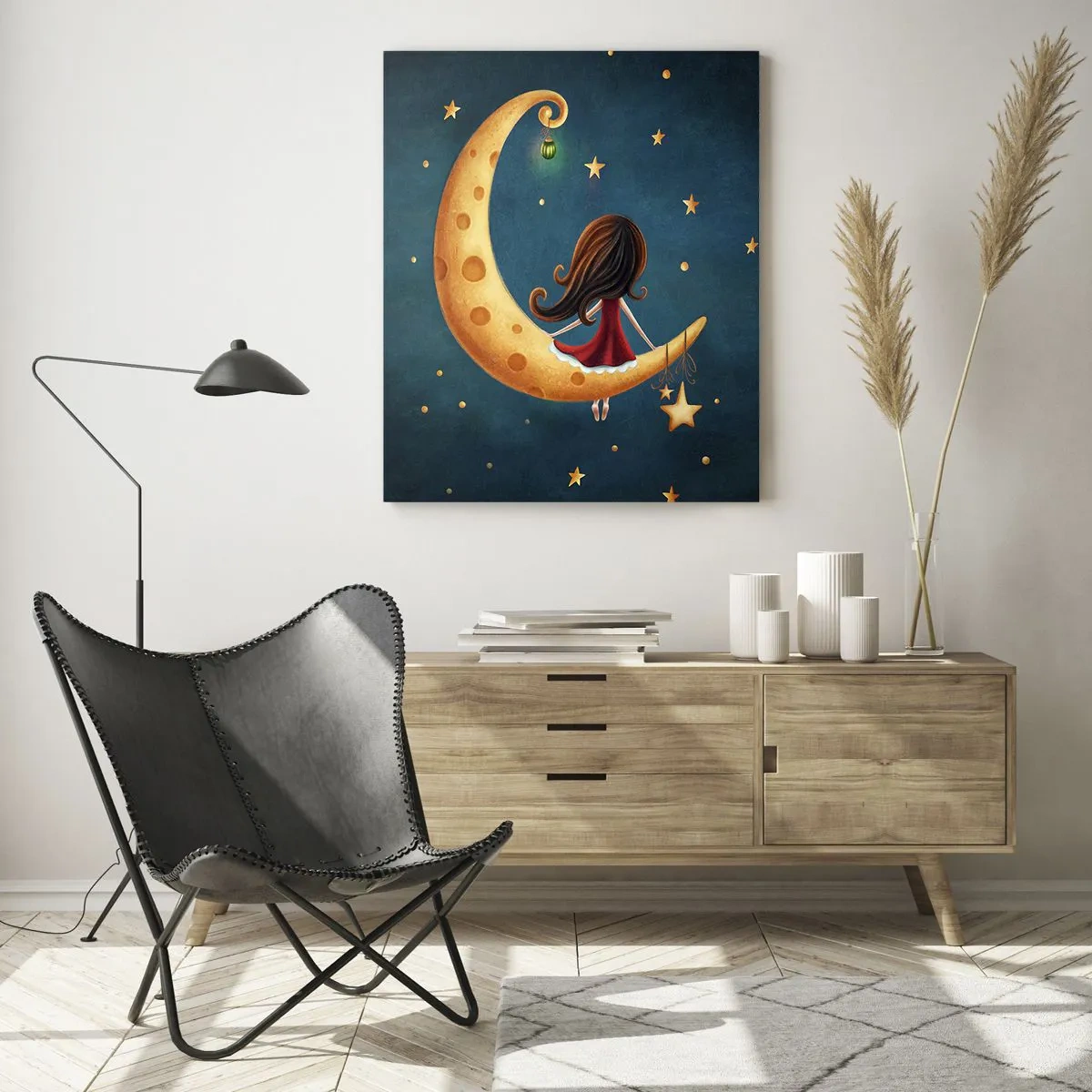Impression sur verre - Image sur verre - Une fille sur la lune entourée d'étoiles - 80x120cm - Il était une fois... - Décoration murale moderne pour le salon et la chambre ARTTOR