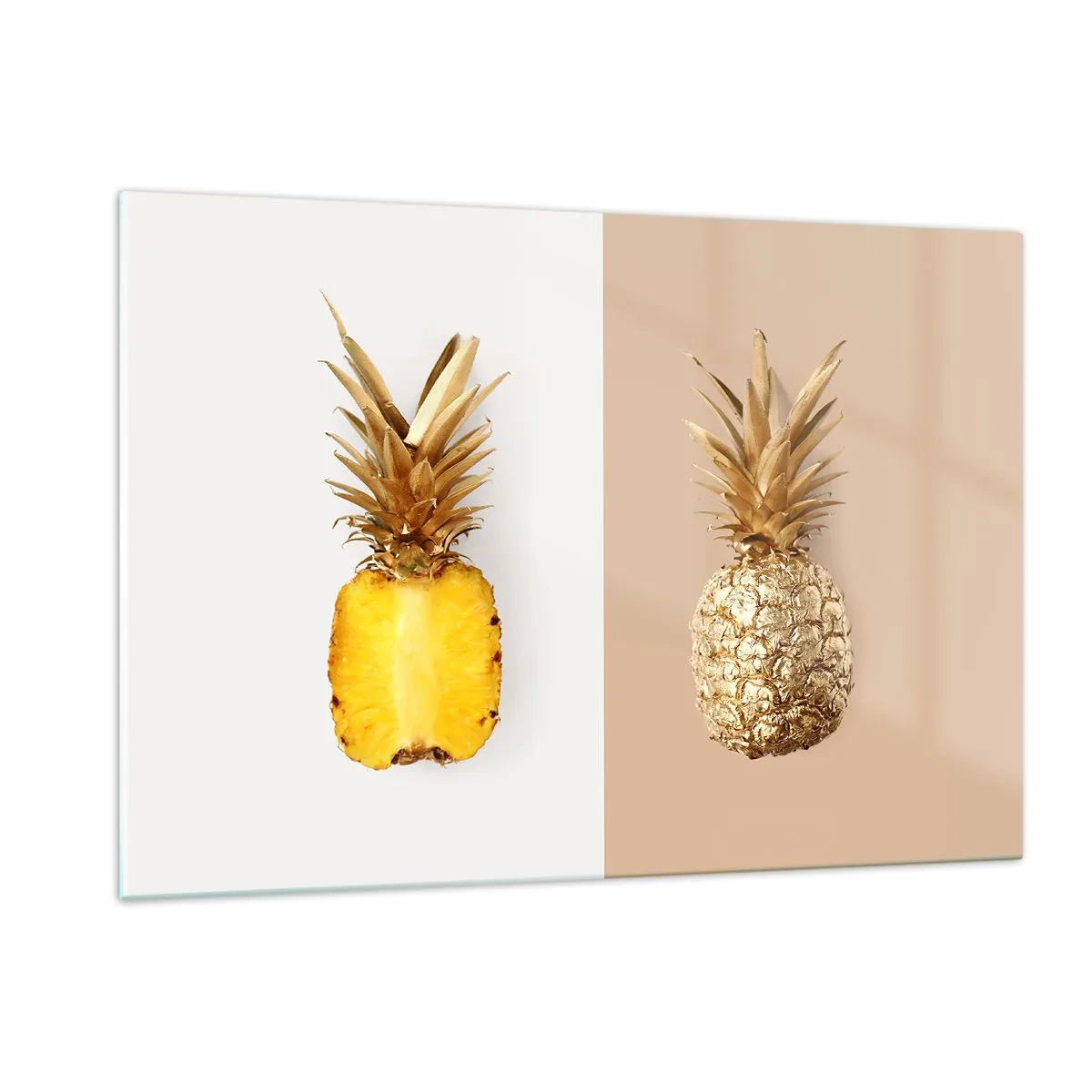 Impression sur verre - Image sur verre - Un ananas tranché et doré sur deux fonds contrastés - 120x80cm - Ananas pour nous - Décoration murale moderne pour le salon et la chambre ARTTOR