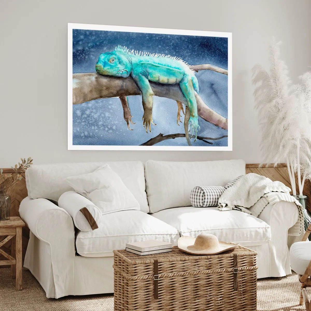 Affiche - Poster - Iguane bleu reposant sur une branche - 100x70cm - Tout va bien! - Décoration murale moderne pour le salon et la chambre ARTTOR