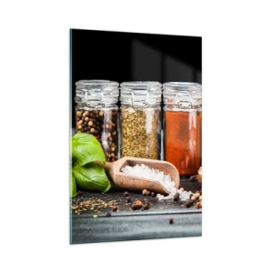 Impression sur verre - Image sur verre - Herbes et épices dans des bocaux en verre sur fond sombre - 80x120cm - Pour que la vie ait du goût - Décoration murale moderne pour le salon et la chambre ARTTOR