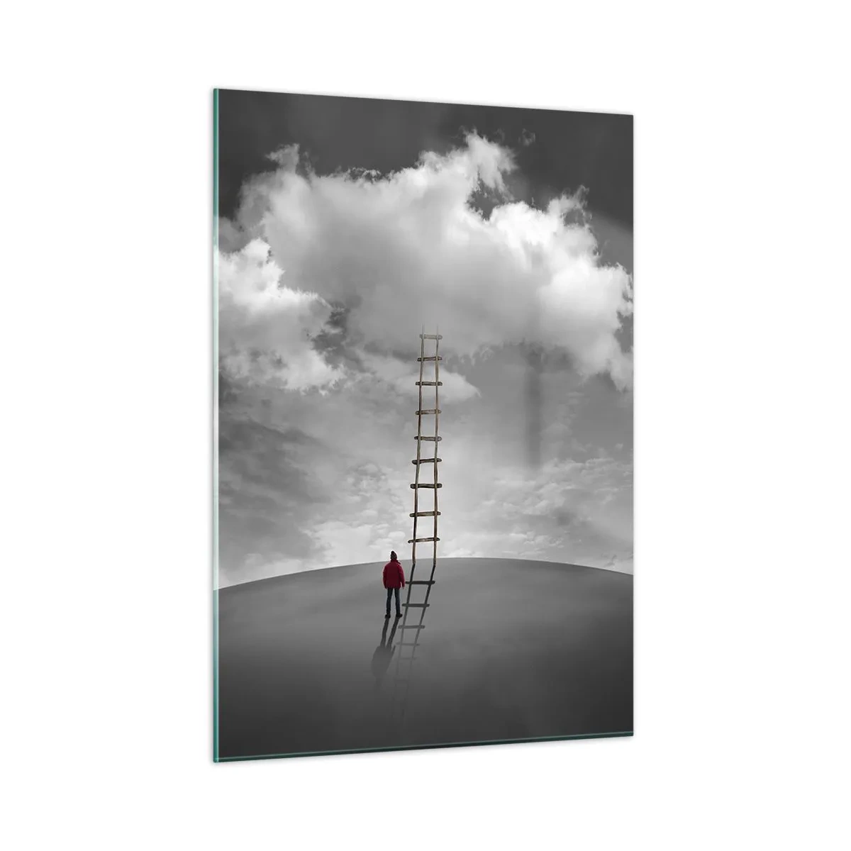 Impression sur verre - Image sur verre - Une personne regarde une échelle menant à un nuage. - 50x70cm - Tout est possible - Décoration murale moderne pour le salon et la chambre ARTTOR