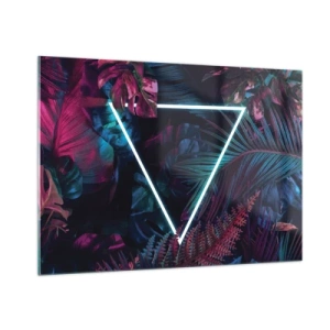 Impression sur verre - Image sur verre - Un triangle néon entouré de plantes tropicales dans des tons de rose et de bleu. - 100x70cm - Jardin de style disco - Décoration murale moderne pour le salon et la chambre ARTTOR