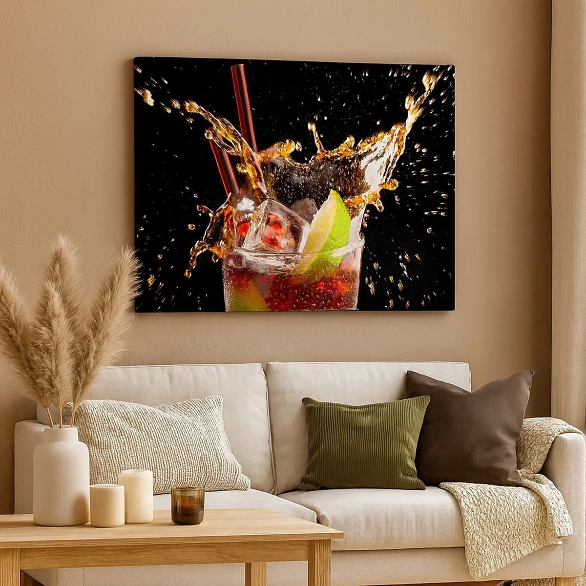 Impression sur toile - Image sur toile - Un verre de boisson, citron vert et glace au moment des éclaboussures dynamiques - 70x50cm - Joie et énergie des couleurs - Décoration murale moderne pour le salon et la chambre ARTTOR