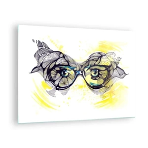 Impression sur verre - Image sur verre - Lunettes avec motifs artistiques et yeux sur fond jaune - 70x50cm - À travers des lunettes bleues - Décoration murale moderne pour le salon et la chambre ARTTOR