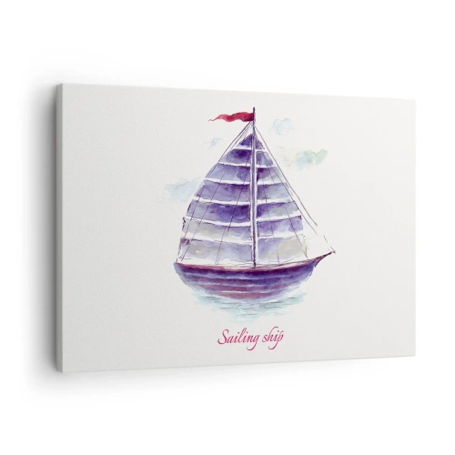 Impression sur toile - Image sur toile - Une aquarelle représentant un voilier sur l'eau avec une inscription délicate - 70x50cm - Plein de voiles et d’eau calme - Décoration murale moderne pour le salon et la chambre ARTTOR