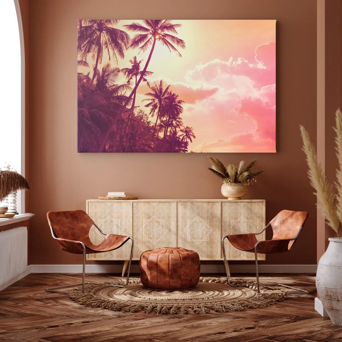 Impression sur toile - Image sur toile - Palmiers illuminés par le soleil couchant dans un ciel tropical - 70x50cm - Tu dois choisir - Décoration murale moderne pour le salon et la chambre ARTTOR