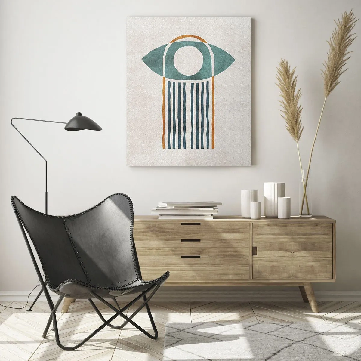 Impression sur verre - Image sur verre - Forme géométrique avec un cercle et des lignes dans les tons de vert et de rouge. - 50x70cm - Signes et rituels - Décoration murale moderne pour le salon et la chambre ARTTOR