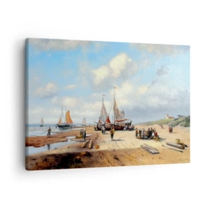 Impression sur toile - Image sur toile - Bateaux de pêche sur la plage avec des figures humaines - 70x50cm - Après une capture réussie - Décoration murale moderne pour le salon et la chambre ARTTOR