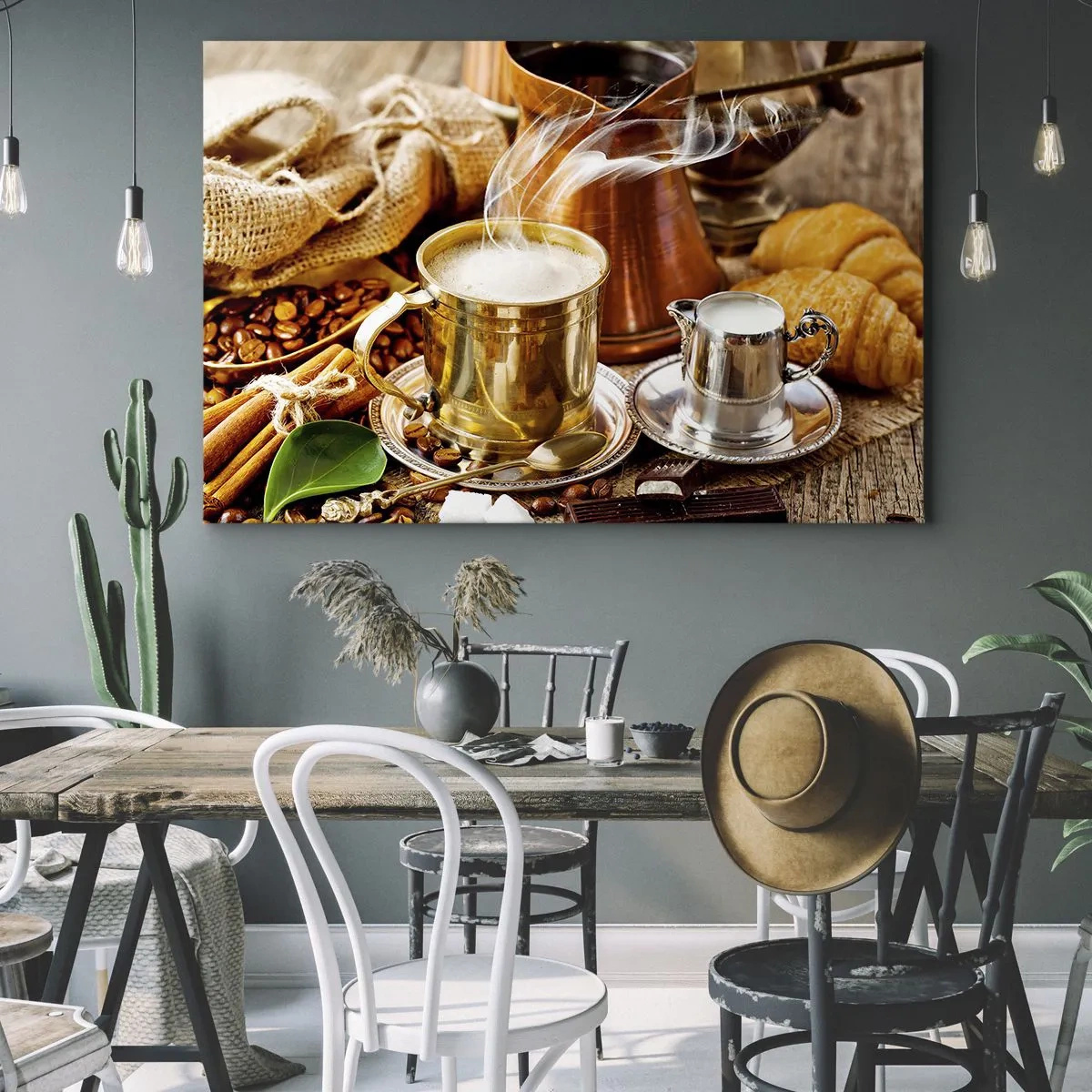 Impression sur toile - Image sur toile - Une tasse de café dorée entourée de grains, de cruches et de croissants - 120x80cm - Bonne journée! - Décoration murale moderne pour le salon et la chambre ARTTOR