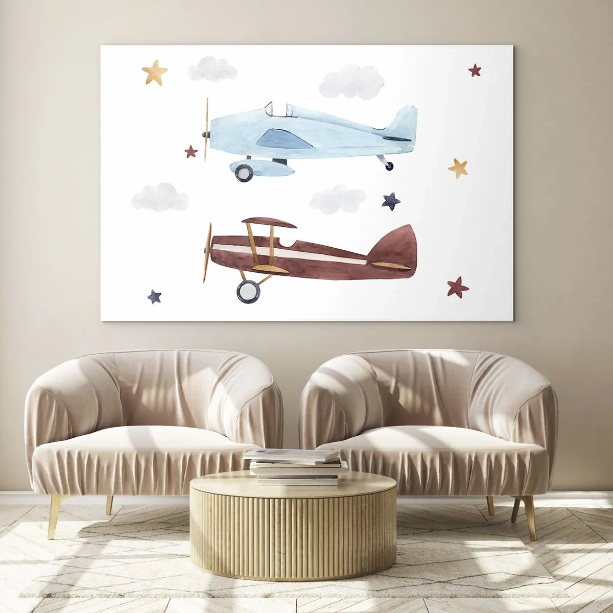 Impression sur verre - Image sur verre - Deux avions colorés parmi les étoiles et les nuages - 120x80cm - Monsieur le pilote, nous vous attendons ! - Décoration murale moderne pour le salon et la chambre ARTTOR
