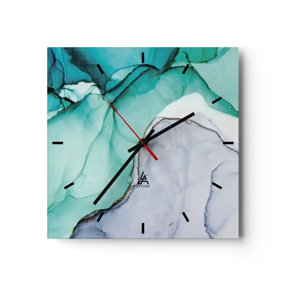 Horloge murale - Pendule murale - Motif abstrait dans les tons turquoise et blanc - 30x30cm - Étude de turquoise - Décoration murale moderne pour le salon et la chambre ARTTOR