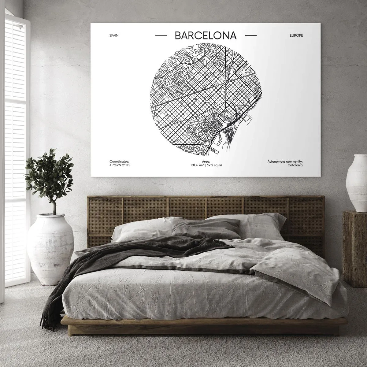Impression sur verre - Image sur verre - Une carte minimaliste de Barcelone dans une esthétique noir et blanc - 70x50cm - Anatomie de Barcelone - Décoration murale moderne pour le salon et la chambre ARTTOR