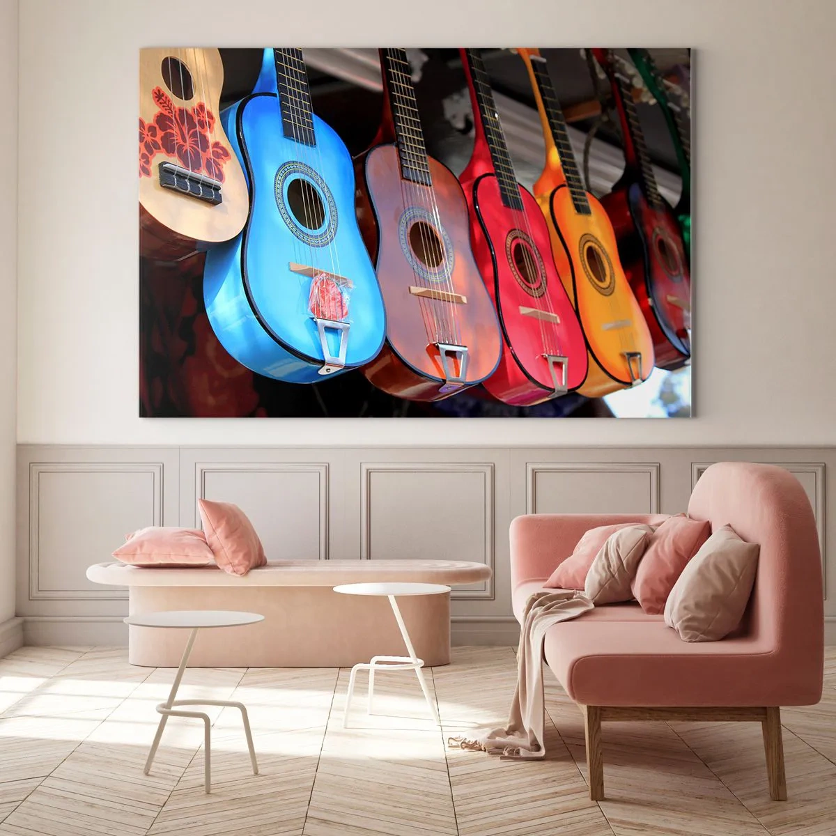 Impression sur verre - Image sur verre - Guitares colorées accrochées en rangée en exposition - 120x80cm - Ambiance latine - Décoration murale moderne pour le salon et la chambre ARTTOR