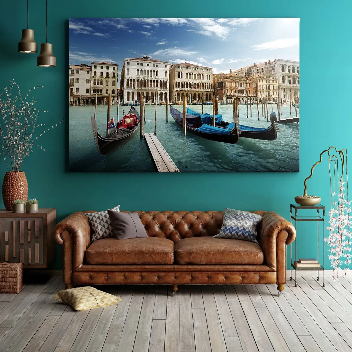 Impression sur toile - Image sur toile - Venise avec des gondoles et des palais contre le ciel - 70x50cm - Palace bleu ciel - Décoration murale moderne pour le salon et la chambre ARTTOR