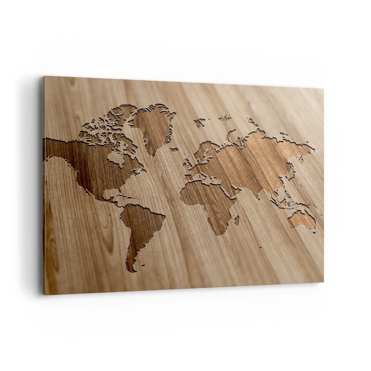 Impression sur toile - Image sur toile - Une carte du monde découpée sur une surface en bois - 100x70cm - Le monde est sur la table - Décoration murale moderne pour le salon et la chambre ARTTOR