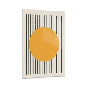 Impression sur verre - Image sur verre - Un cercle jaune sur un fond de lignes horizontales noires et blanches - 80x120cm - Le pouvoir de la simplicité - Décoration murale moderne pour le salon et la chambre ARTTOR