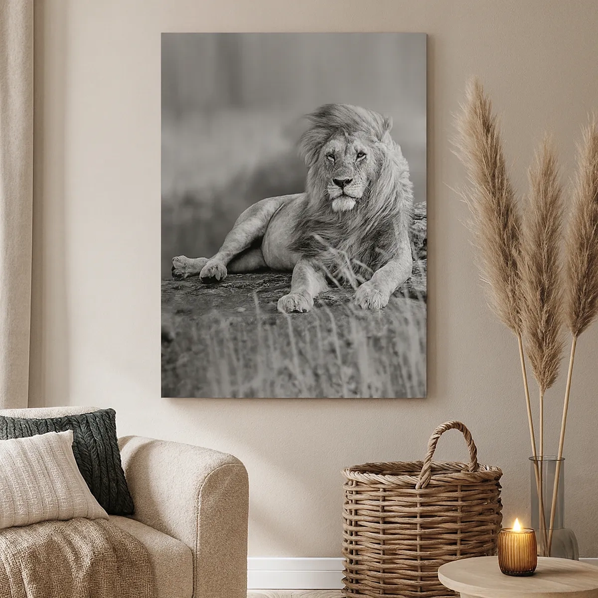 Impression sur toile - Image sur toile - Lion reposant sur un rocher dans un style monochrome - 50x70cm - Sieste royale - Décoration murale moderne pour le salon et la chambre ARTTOR