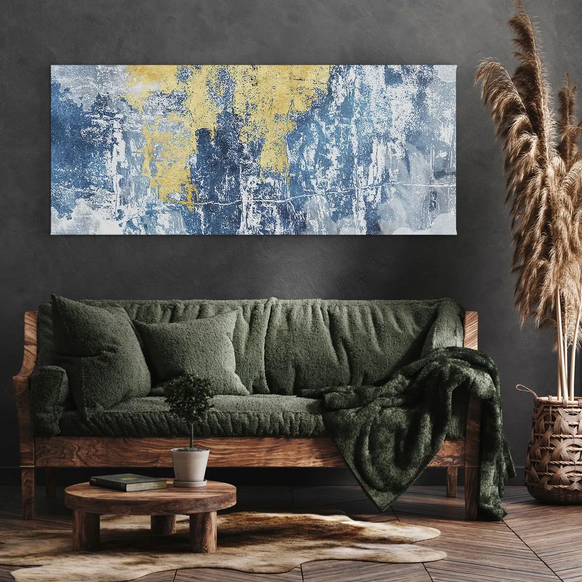 Impression sur toile - Image sur toile - Abstraction dans les tons de bleu et de jaune - 140x50cm - Abstraction du temps - Décoration murale moderne pour le salon et la chambre ARTTOR