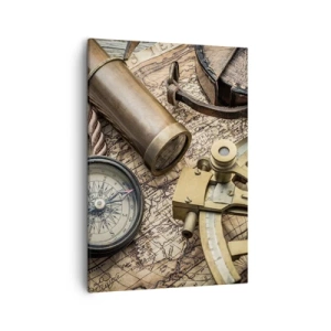 Impression sur toile - Image sur toile - Une boussole, un sextant et un télescope sur fond de vieille carte et de corde nautique. - 50x70cm - Fixer un cap - Décoration murale moderne pour le salon et la chambre ARTTOR
