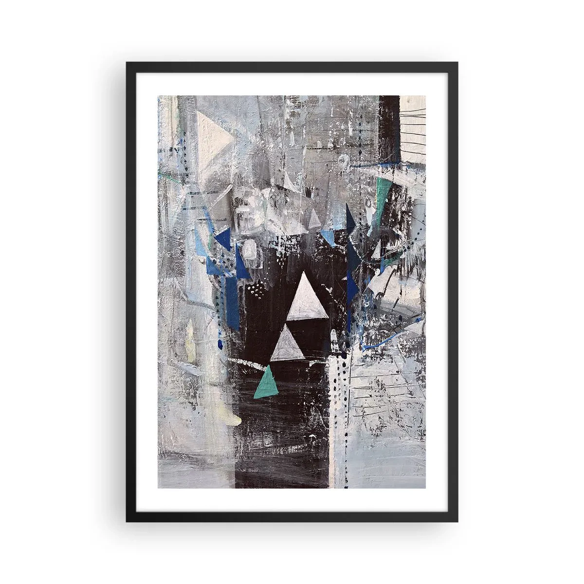 Affiche dans un cadre noir - Poster - Composition géométrique abstraite dans les tons de gris et de bleu - 50x70cm - Ordre prioritaire des triangles - Décoration murale moderne pour le salon et la chambre ARTTOR