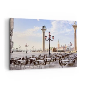 Impression sur toile - Image sur toile - Venise, vue de la place avec des colonnes et des tables de café - 100x70cm - Nous vous invitons, tout est prêt - Décoration murale moderne pour le salon et la chambre ARTTOR