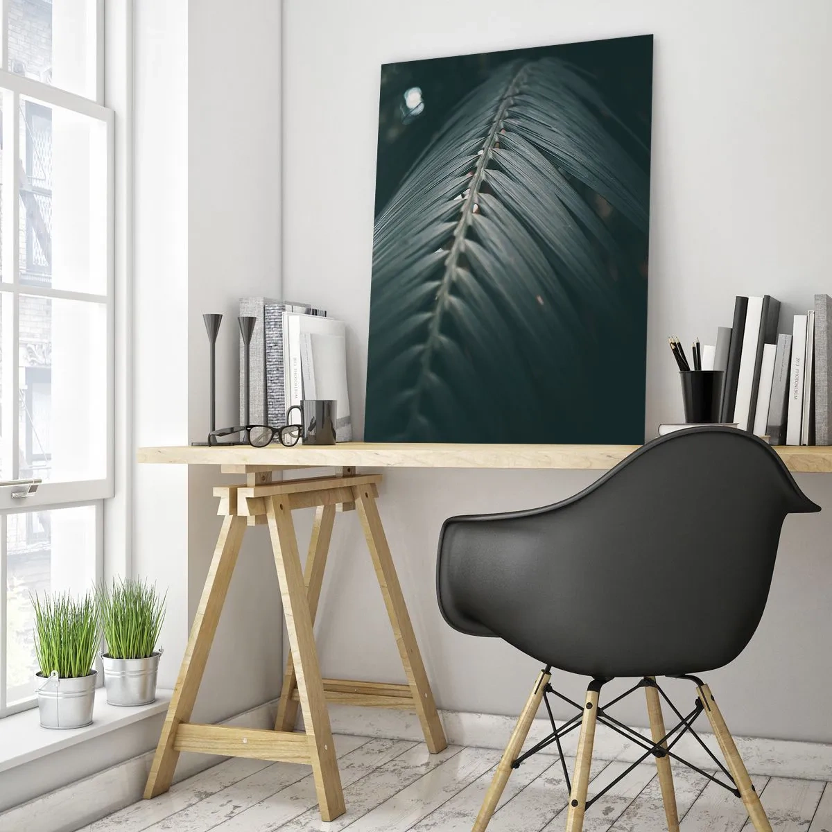 Impression sur verre - Image sur verre - Gros plan d'un détail de feuille de palmier aux tons sombres - 70x100cm - Précision de la nature - Décoration murale moderne pour le salon et la chambre ARTTOR