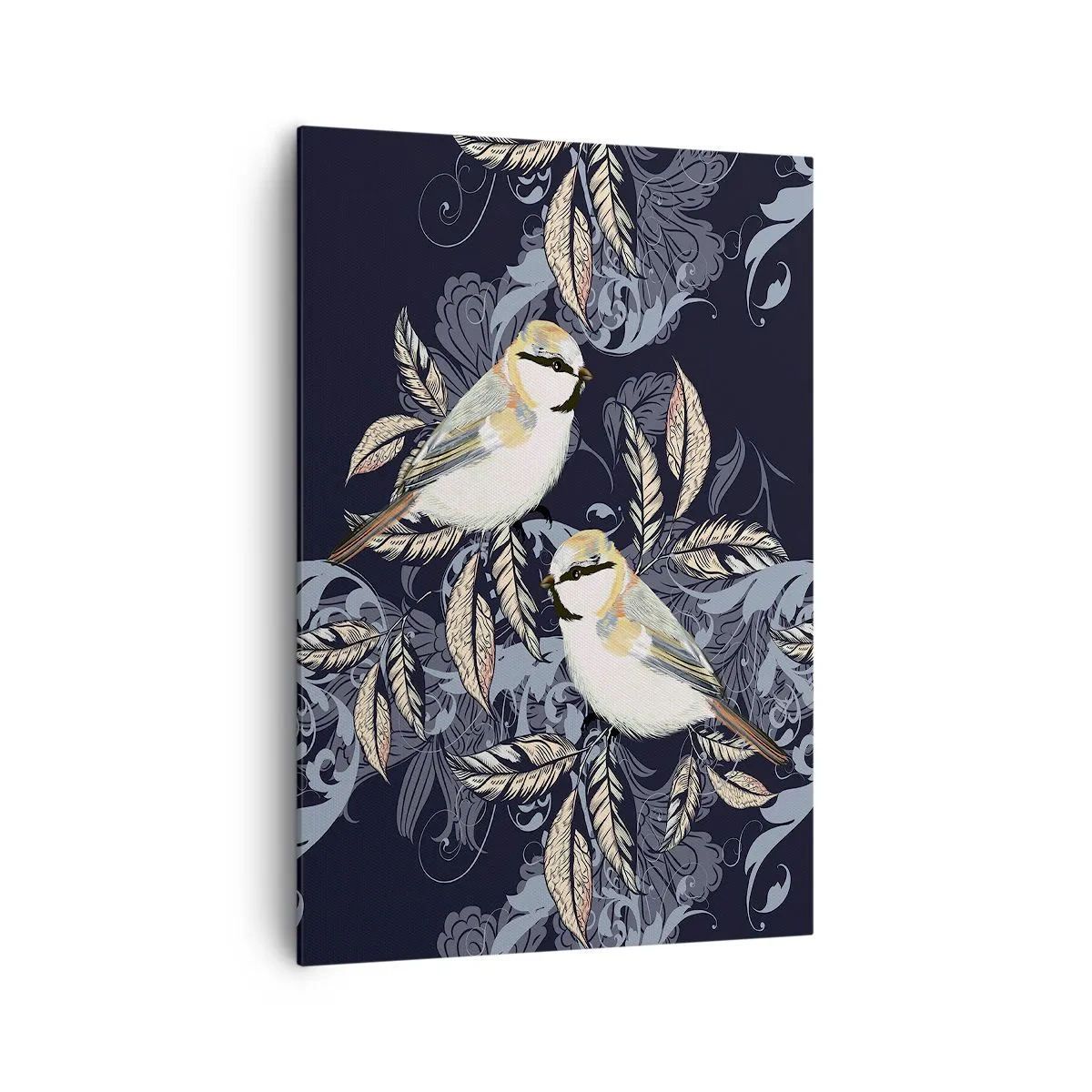 Impression sur toile - Image sur toile - Oiseaux sur des branches dans un arrière-plan ornemental - 70x100cm - Babillement jaune et bleu - Décoration murale moderne pour le salon et la chambre ARTTOR