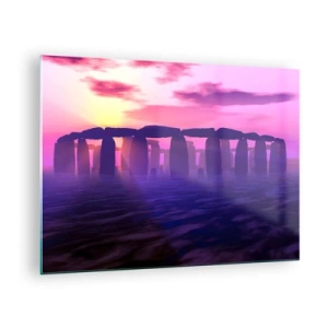 Impression sur verre - Image sur verre - Stonehenge à la lumière d'un coucher de soleil rose - 70x50cm - Mystère à l'aube dans le brouillard - Décoration murale moderne pour le salon et la chambre ARTTOR