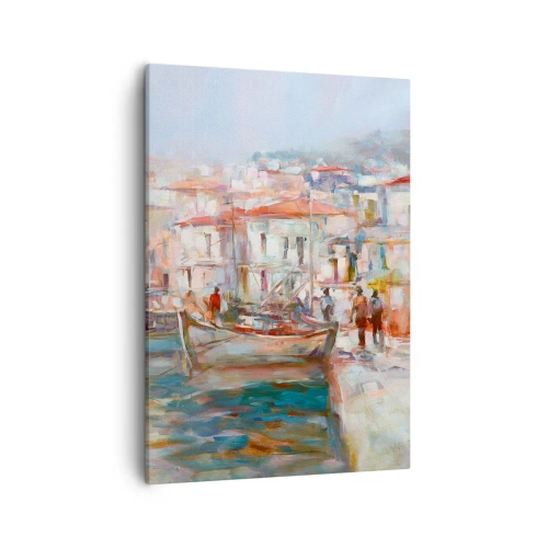 Impression sur toile - Image sur toile - Impression de port avec bateaux et bâtiments - 50x70cm - Vacances pastelles - Décoration murale moderne pour le salon et la chambre ARTTOR