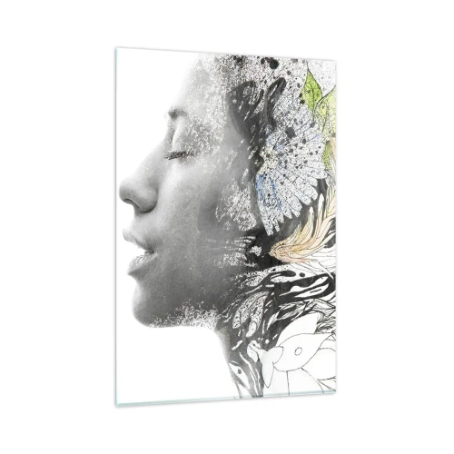 Impression sur verre - Image sur verre - Profil d'une femme dans un collage artistique de nature et de noirceur - 80x120cm - Immergé dans la nature - Décoration murale moderne pour le salon et la chambre ARTTOR