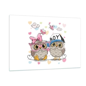 Impression sur verre - Image sur verre - Une paire de hiboux joyeux dans une composition pastel - 120x80cm - On s'aime! - Décoration murale moderne pour le salon et la chambre ARTTOR