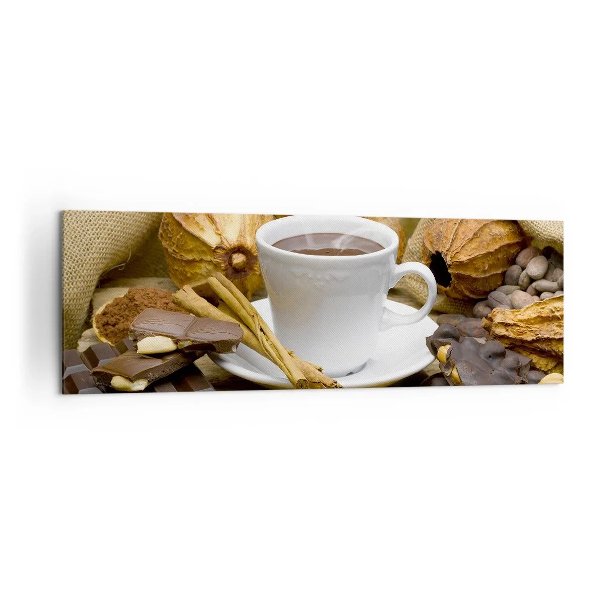Impression sur toile - Image sur toile - Une tasse de chocolat chaud entourée de cacao et de cannelle - 160x50cm - Pour les amateurs de sensations fortes - Décoration murale moderne pour le salon et la chambre ARTTOR