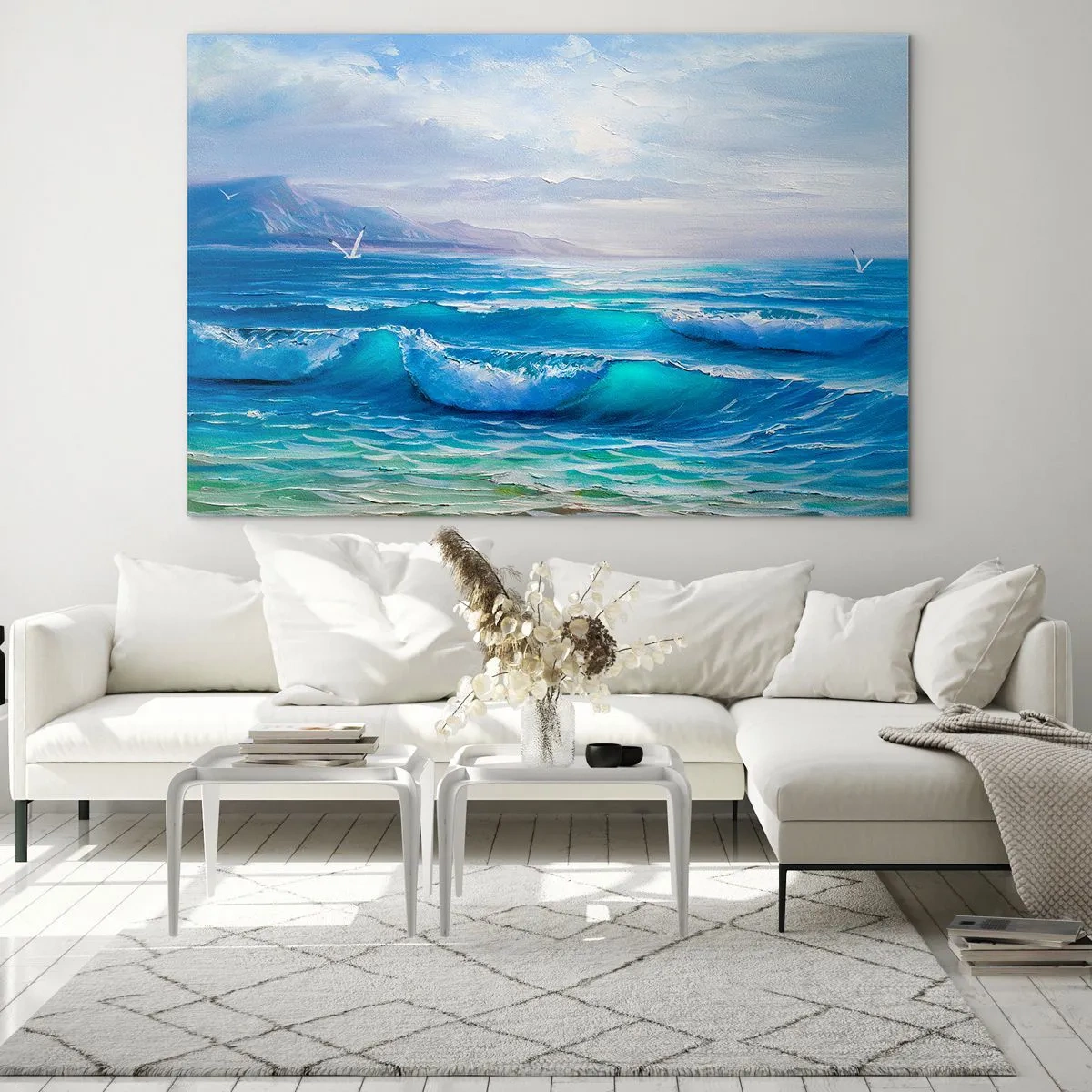 Impression sur verre - Image sur verre - Les vagues bleues de la mer lèchent le rivage par une journée ensoleillée - 70x50cm - Il apporte un soulagement - Décoration murale moderne pour le salon et la chambre ARTTOR