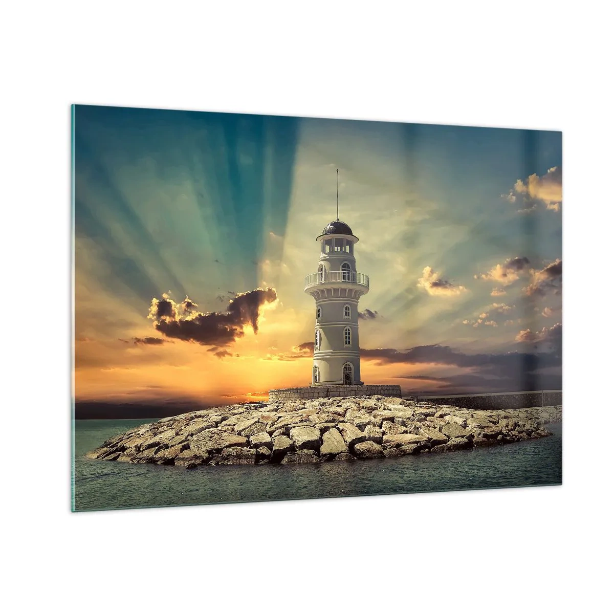Impression sur verre - Image sur verre - Un phare sur fond de soleil couchant - 100x70cm - Lumière - Bonté - Beauté - Décoration murale moderne pour le salon et la chambre ARTTOR