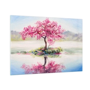 Impression sur verre - Image sur verre - Un arbre rose sur une île se reflétant dans l'eau calme - 100x70cm - Fête du Printemps - Décoration murale moderne pour le salon et la chambre ARTTOR