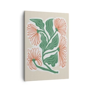 Impression sur toile - Image sur toile - Un dessin de fleurs dans un style minimaliste avec des feuilles vertes - 50x70cm - Folk et moderne - Décoration murale moderne pour le salon et la chambre ARTTOR