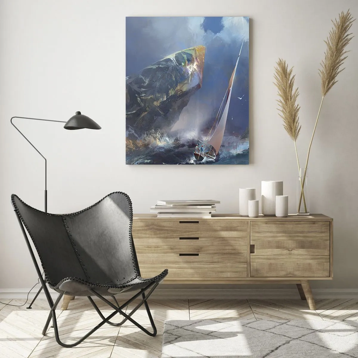 Impression sur verre - Image sur verre - Un voilier dans une tempête au pied d'un rocher massif - 80x120cm - Celui qui est courageux, gagne - Décoration murale moderne pour le salon et la chambre ARTTOR