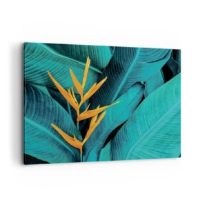 Impression sur toile - Image sur toile - Une fleur exotique sur fond de feuilles de bananier aux tons turquoise. - 100x70cm - Fleur d'Eden - Décoration murale moderne pour le salon et la chambre ARTTOR