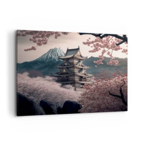 Impression sur toile - Image sur toile - Un temple japonais entouré de cerisiers en fleurs et de montagnes - 100x70cm - Le pays des cerisiers en fleurs - Décoration murale moderne pour le salon et la chambre ARTTOR