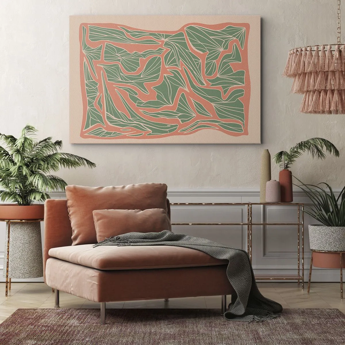 Impression sur toile - Image sur toile - Un motif végétal dans les tons de vert et d'orange - 70x50cm - La lutte entre le corail et la verdure - Décoration murale moderne pour le salon et la chambre ARTTOR