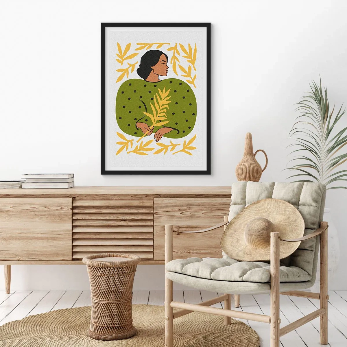 Affiche dans un cadre noir - Poster - Portrait d'une femme en robe verte avec une feuille jaune, avec un motif délicat - 50x70cm - Fille hawaïenne - Décoration murale moderne pour le salon et la chambre ARTTOR