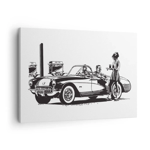 Impression sur toile - Image sur toile - Une scène rétro en noir et blanc avec une voiture et une serveuse en patins à roulettes. - 70x50cm - 60's - Amérique insouciante - Décoration murale moderne pour le salon et la chambre ARTTOR