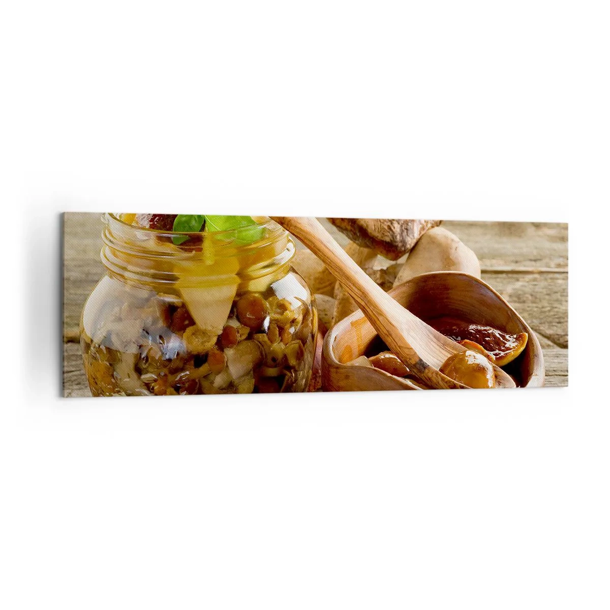 Impression sur toile - Image sur toile - Champignons naturels dans un bocal sur une table rustique - 160x50cm - Que ce soit frais ou salé, ou en automne... - Décoration murale moderne pour le salon et la chambre ARTTOR