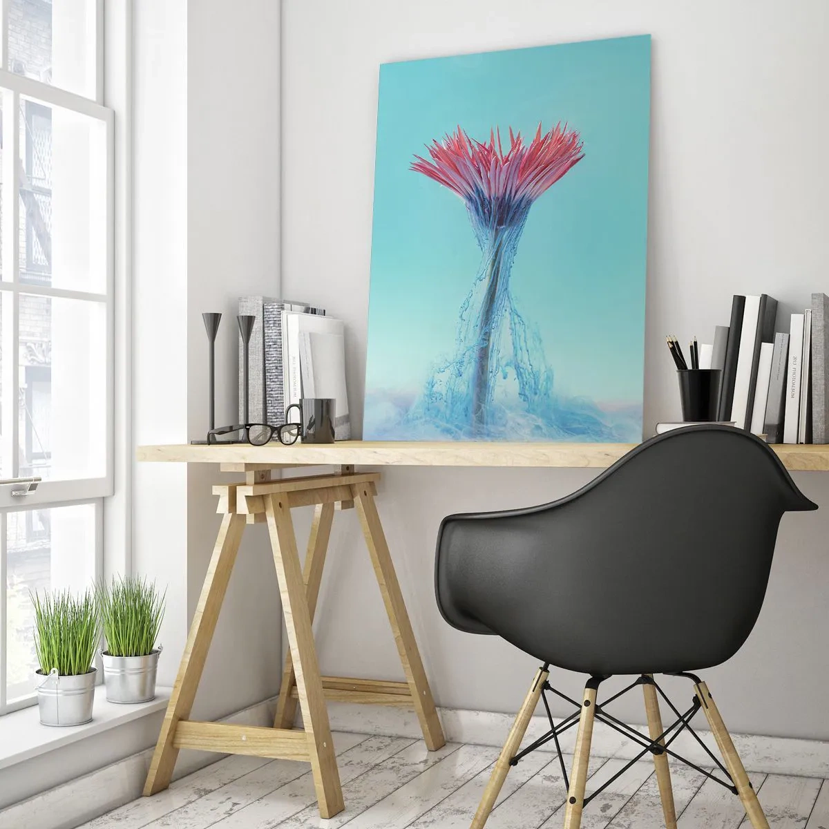 Impression sur verre - Image sur verre - Une fleur rose et bleue dans un arrangement artistique sur un fond pastel - 70x100cm - Dans une étreinte vivifiante - Décoration murale moderne pour le salon et la chambre ARTTOR