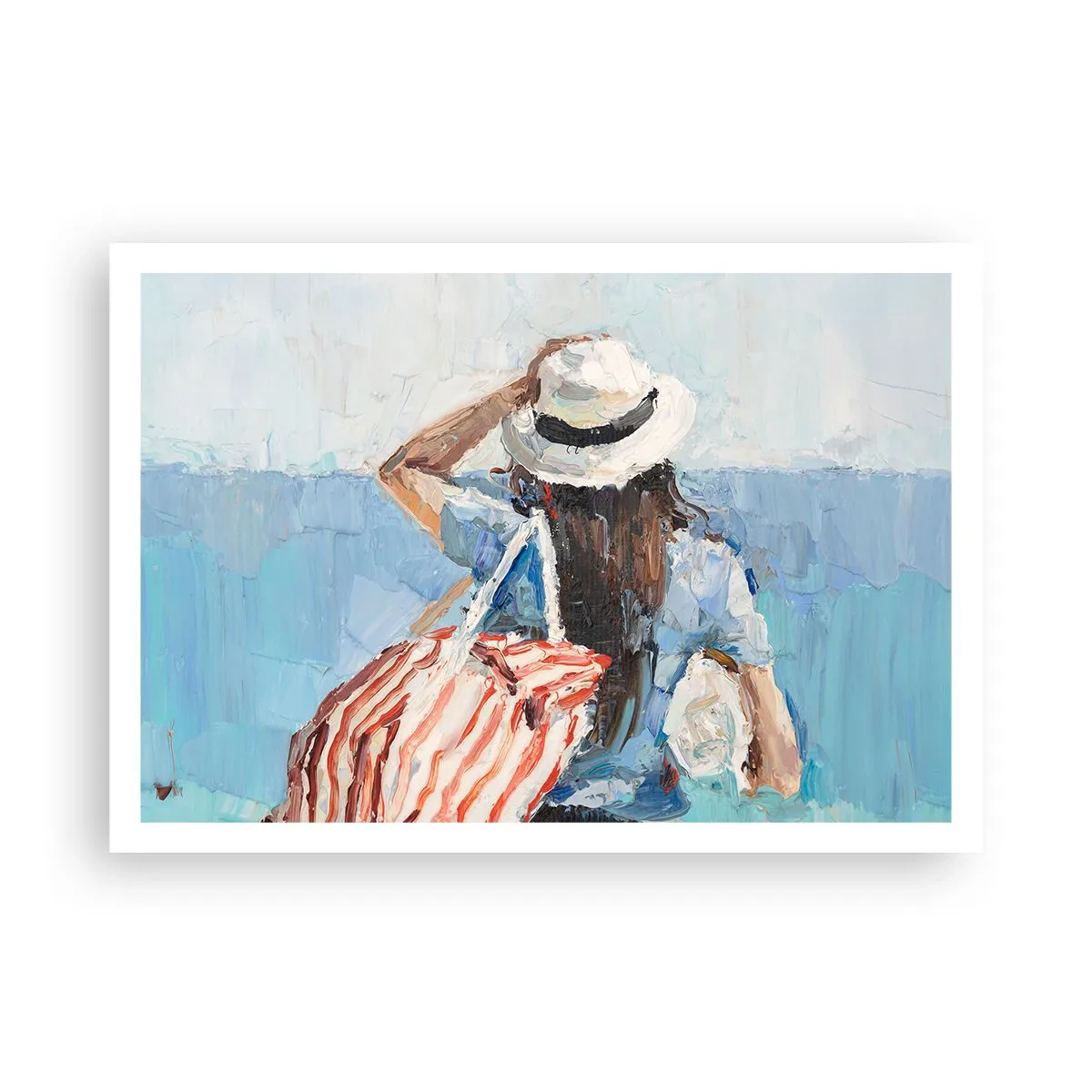 Affiche - Poster - Une femme avec un chapeau contre la mer bleue - 100x70cm - Bienvenue à vos vacances - Décoration murale moderne pour le salon et la chambre ARTTOR