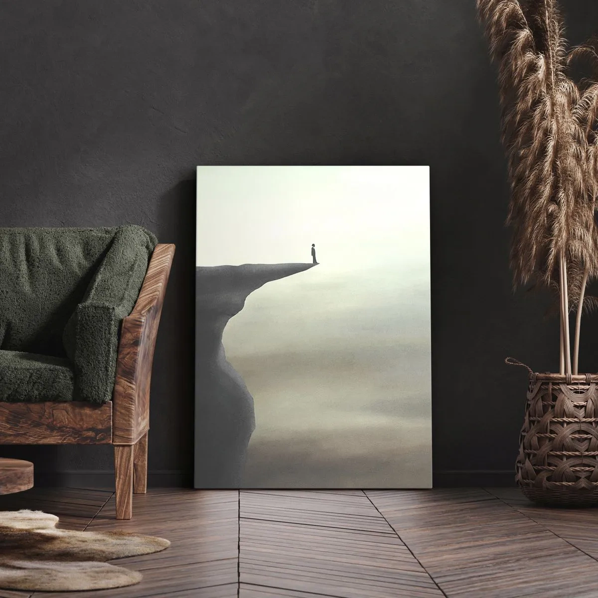 Impression sur toile - Image sur toile - Silhouette d'une figure au bord d'une falaise dans un paysage brumeux - 50x70cm - Tout en haut, bien entendu! - Décoration murale moderne pour le salon et la chambre ARTTOR
