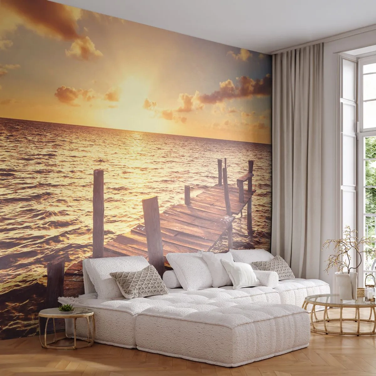 Papier Peint Photo Premium Canvas - La terre d'or de la douceur - Paysage, Mer, Pont de bois - 200x140 cm