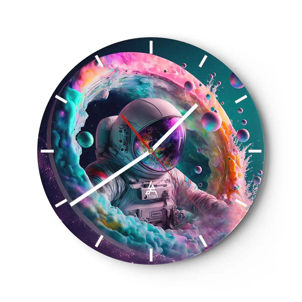 Horloge murale - Pendule murale - Astronaute au milieu de couleurs cosmiques et d'effets de portail - 30x30cm - porte des étoiles - Décoration murale moderne pour le salon, la cuisine et la chambre ARTTOR