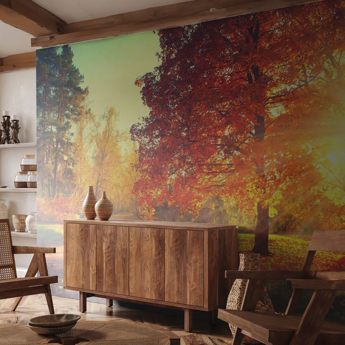 Papier Peint Photo Standard Eco - Parc d'automne sous les rayons du soleil couchant - 100x70cm - Le roux est beau - Décoration murale moderne pour le salon et la chambre ARTTOR