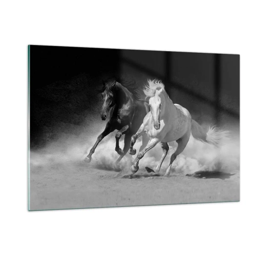 Impression sur verre - Image sur verre - Chevaux au galop en noir et blanc - 120x80cm - Galop de la liberté - Décoration murale moderne pour le salon et la chambre ARTTOR